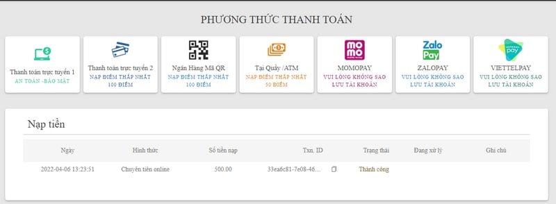 Chọn hình thức nạp tiền tùy ý 